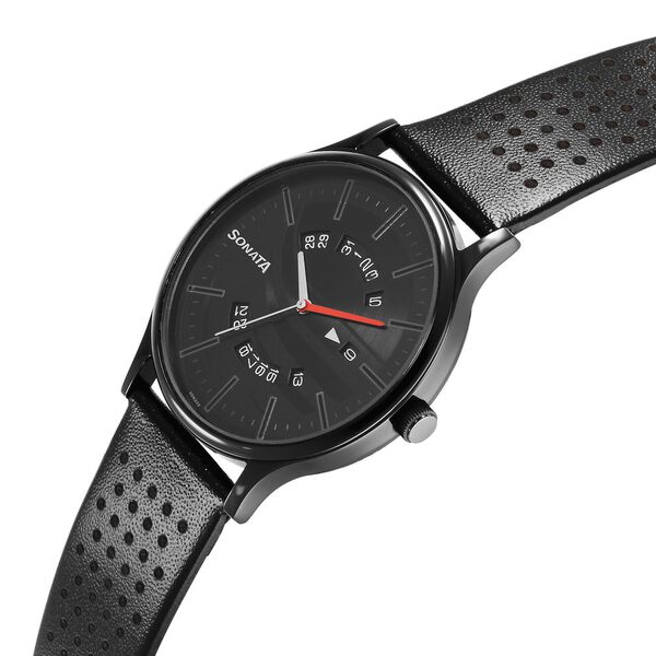 Sonata RPM Black Dial Leather Strap Watch for Men - image number 2