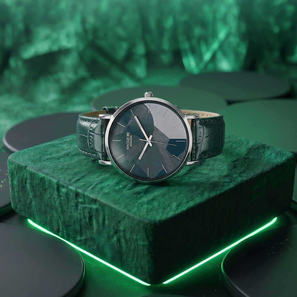 Poze By Sonata Quartz Analog Green Dial Green Leather Strap Watch For Men