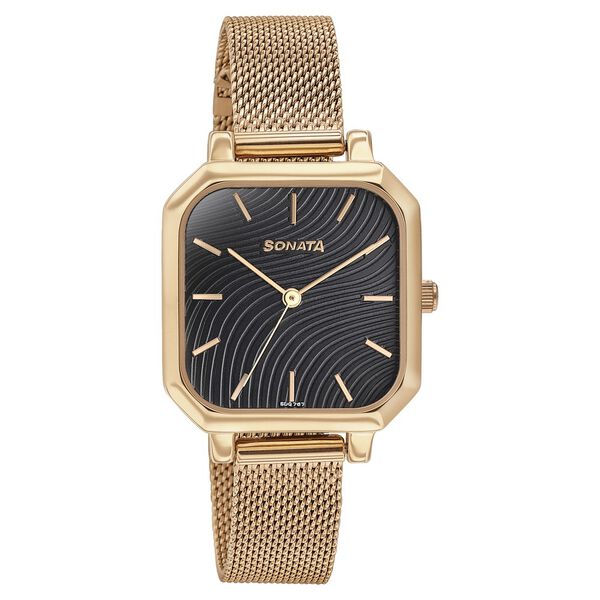 Sonata Modern Edit Quartz Analog Black Dial Rose Gold Stainless Steel Strap Watch For Women - image number 1