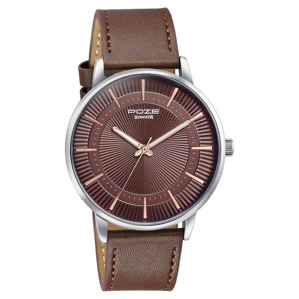 Sonata Poze Quartz Analog Brown Dial Brown Leather Strap Watch For Men - image number 2