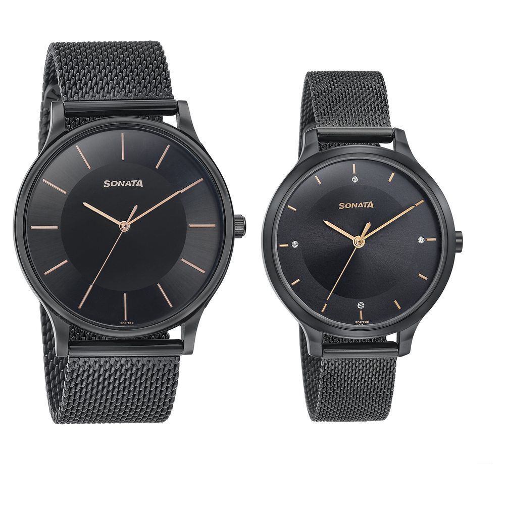 Buy Online Sonata Modern Bandhan Quartz Analog Black Dial Stainless Steel Strap Watch for Couple 7710587050nm02 Sonata