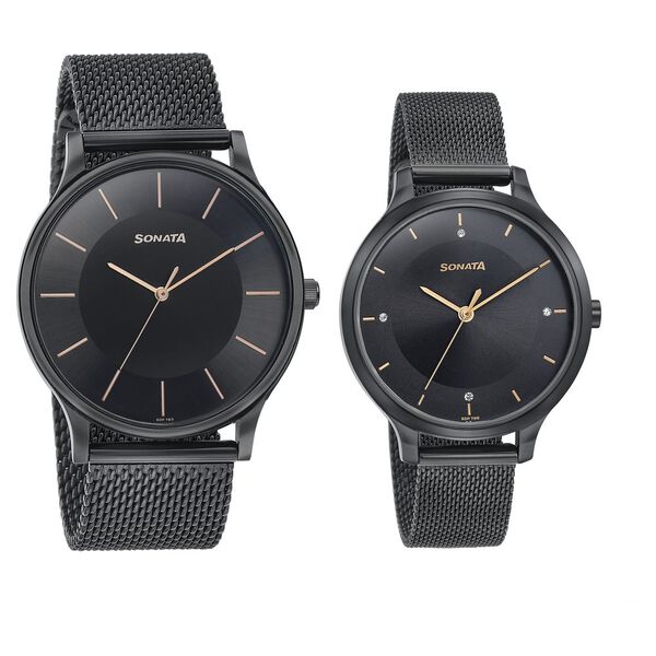 Sonata Modern Bandhan Quartz Analog Black Dial Black Stainless Steel Strap Watch For Couple - image number 1
