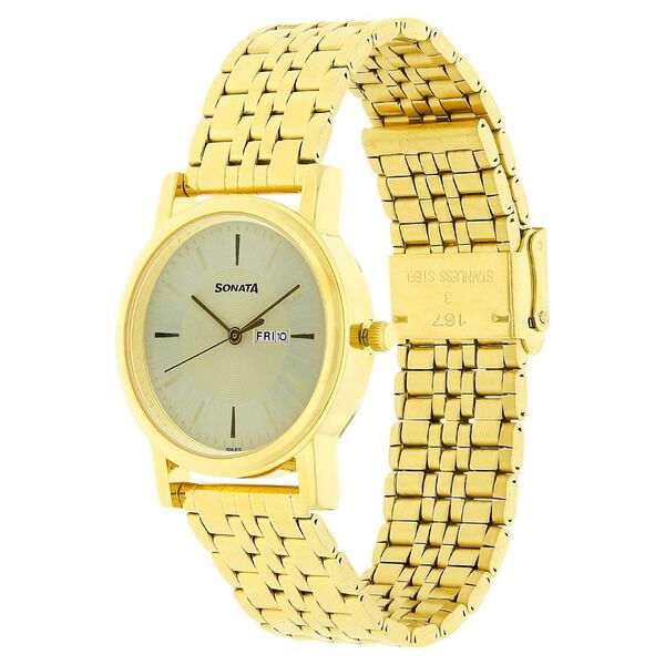 Sonata Quartz Analog with Day and Date Champagne Dial Stainless Steel Strap Watch for Men - image number 1