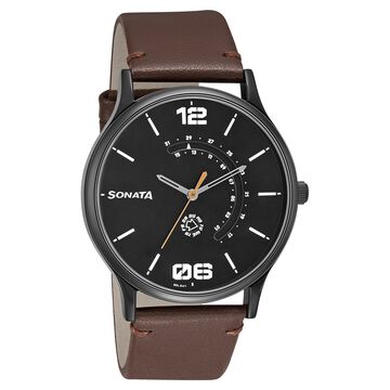 Sonata RPM Quartz Analog with Day and Date Brown Dial Leather Strap Watch for Men