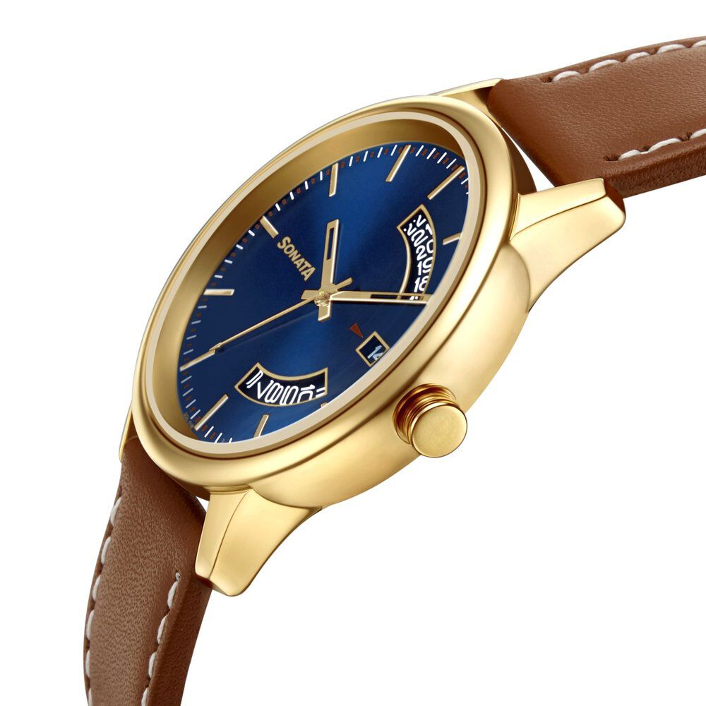 Sonata Quartz Analog with Date Leather Strap Watch for Men
