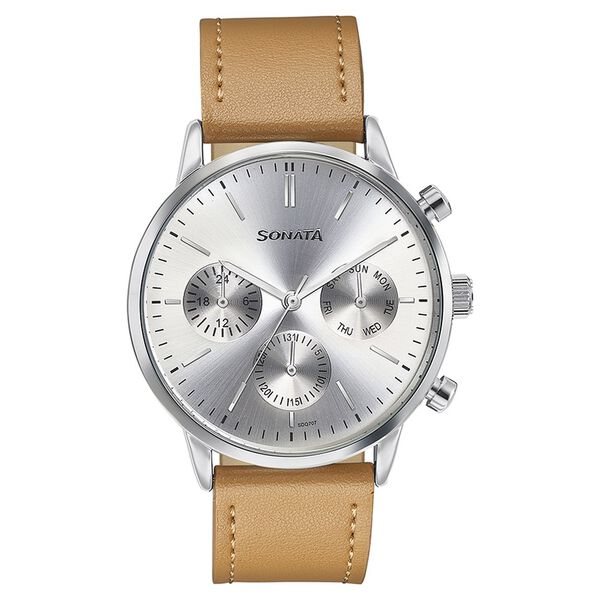Sonata Quartz Multifunction Silver Dial Brown Leather Strap Watch For Men - image number 1