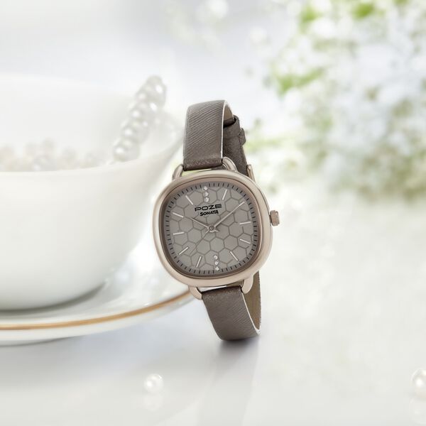 Sonata Poze Quartz Analog Grey Dial Leather Strap Watch For Women - image number 0