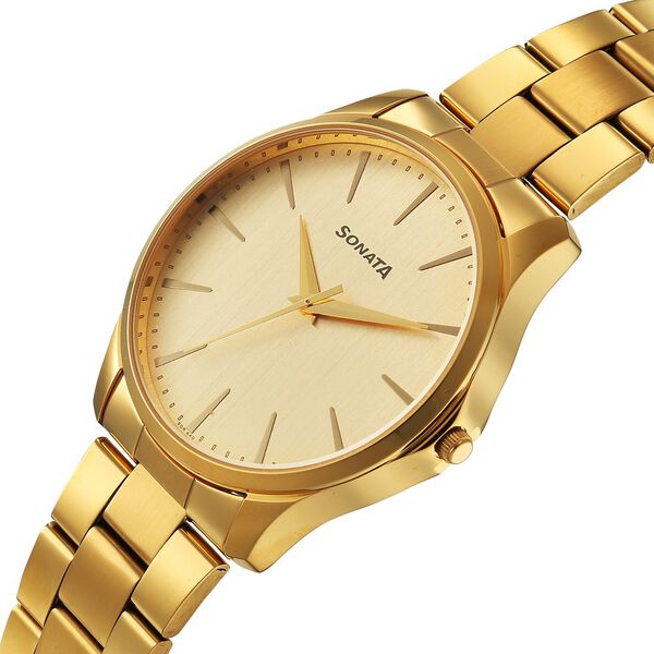 Sonata Traditional Essentials Quartz Analog Champagne Dial Golden Metal Strap Watch For Men - image number 4
