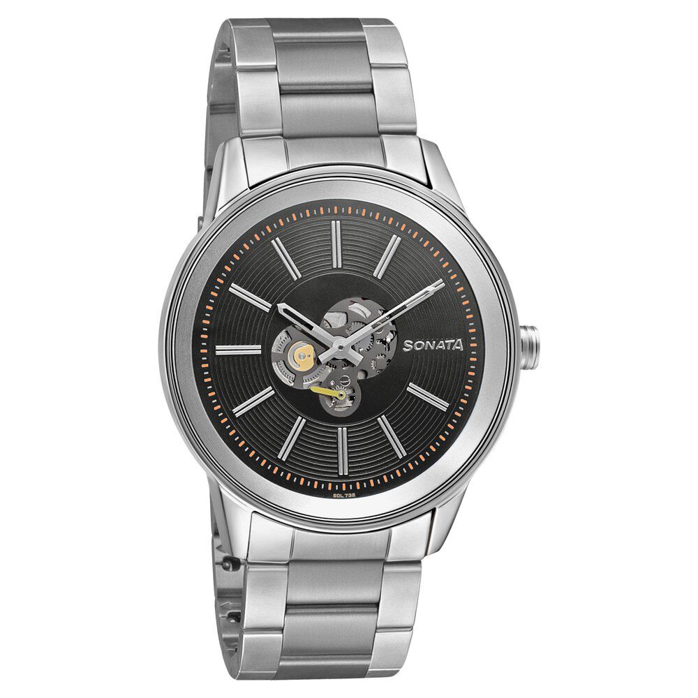 Sonata Quartz Multifunction Black Dial Stainless Steel Strap Watch for Men
