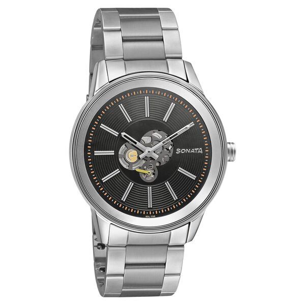 Sonata Quartz Multifunction Black Dial Stainless Steel Strap Watch for Men - image number 0