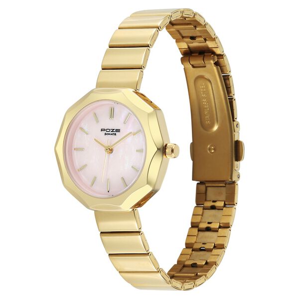 Poze Poze Quartz Analog Pink Dial Golden Stainless Steel Strap Watch For Women - image number 4