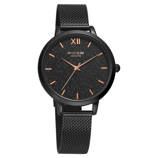 Poze by Sonata Quartz Analog Black Dial Stainless Steel Strap Watch for Women - image number 1