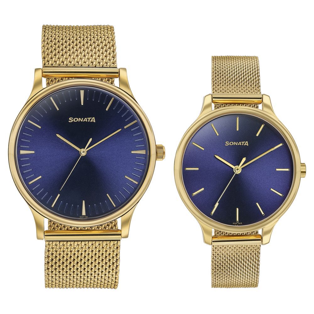 Buy Online Sonata Modern Bandhan Quartz Analog Blue Dial Stainless Steel Strap Watch for Couple 7710587050ym03 Sonata