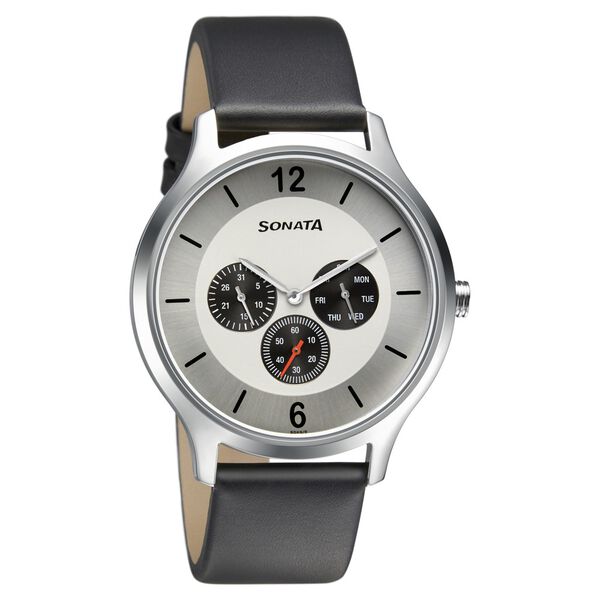 Sonata Quartz Analog Silver Dial Leather Strap Watch for Men - image number 0