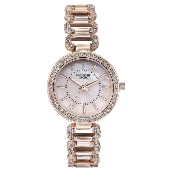 Sonata Poze Quartz Analog Pink Dial Rose Gold Color Metal Strap Watch For Women - image number 1