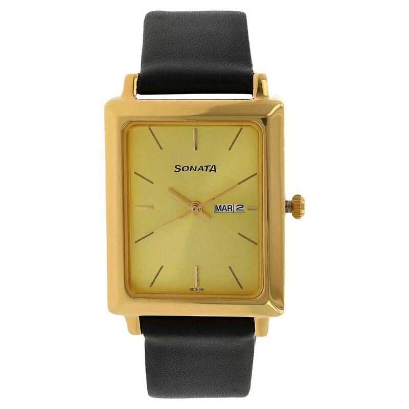 Sonata Quartz Analog with Day and Date Champagne Dial Leather Strap Watch for Men - image number 0