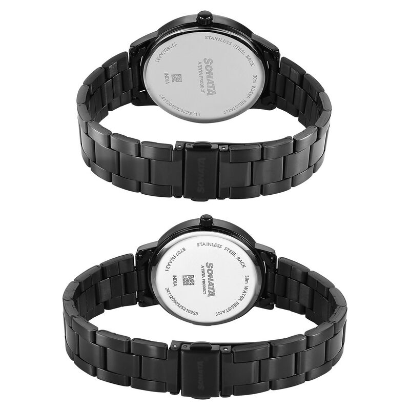Sonata Perfect Pairs Quartz Analog Black Dial Black Metal Strap Watch For  Couple