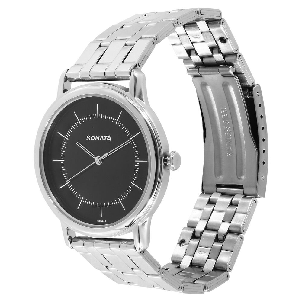Buy Online Sonata Quartz Analog Black Dial Stainless Steel Strap Watch for Men nm7128sm02 Sonata