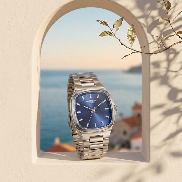 Poze Poze Quartz Analog Blue Dial Silver Metal Strap Watch For Men - image number 0