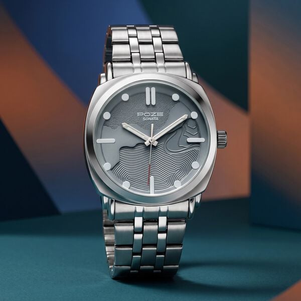 Poze By Sonata Quartz Analog Blue Dial Silver Metal Strap Watch For Men - image number 0