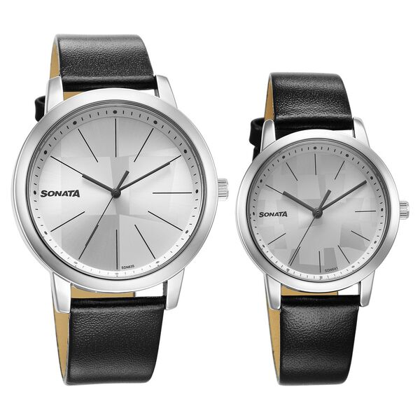 Sonata Pairs Quartz Analog Silver Dial Leather Strap Watch for Couple - image number 0