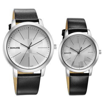 Sonata Pairs Quartz Analog Silver Dial Leather Strap Watch for Couple