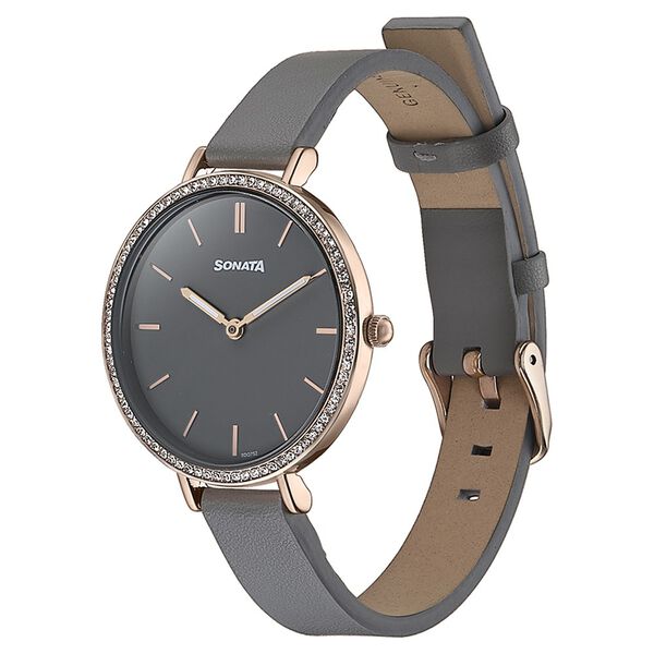 Sonata Quartz Analog Grey Dial Grey Leather Strap Watch For Women - image number 3