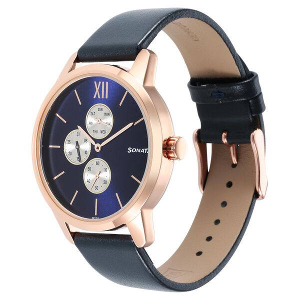 Sonata Quartz Multifunction Blue Dial Leather Strap Watch for Men - image number 1