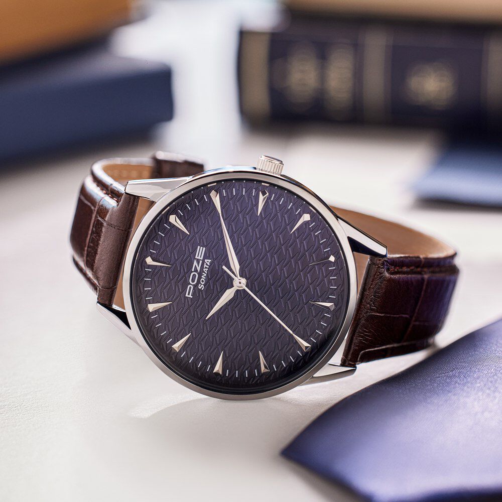 Buy Online Sonata Poze Quartz Analog Blue Dial Brown Color Leather Strap Watch For Men sp70047sl01w Sonata