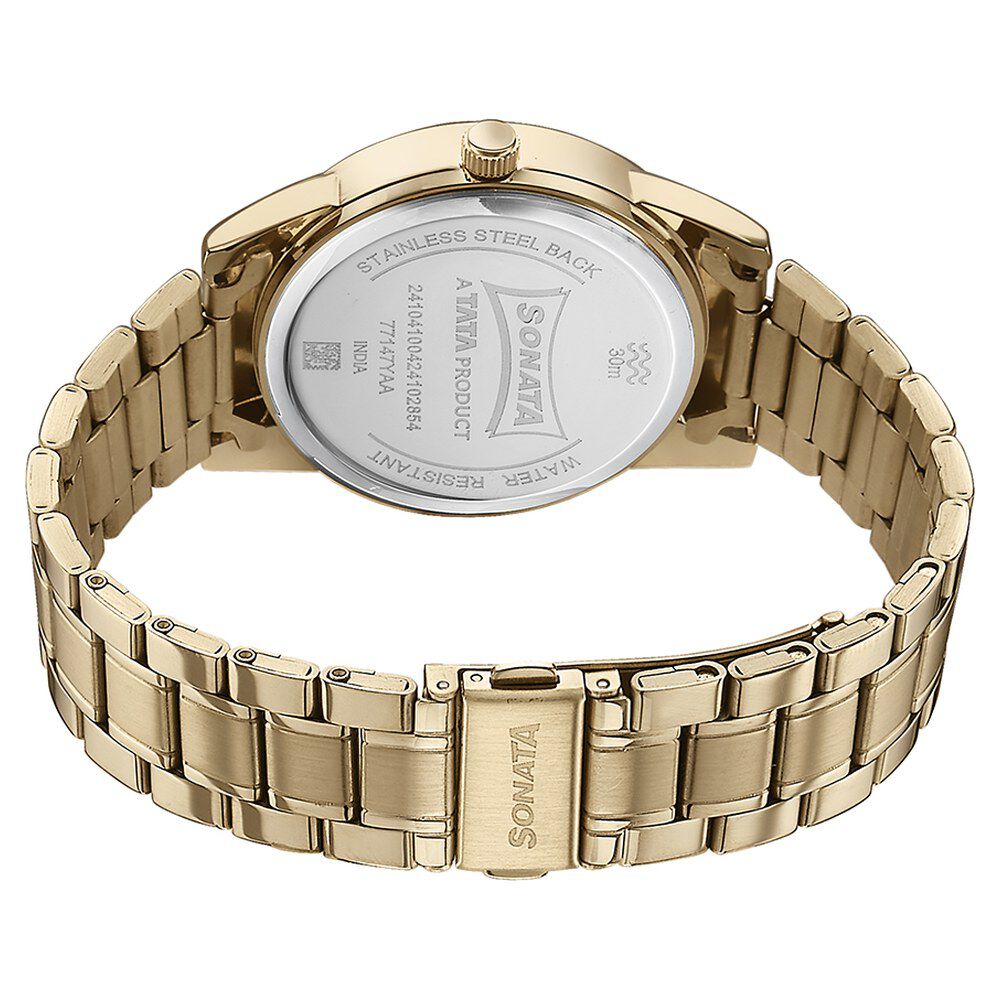 Buy Online Sonata Quartz Analog with Day and Date Green Dial Golden Stainless Steel Strap Watch For Men 77147ym02 Sonata