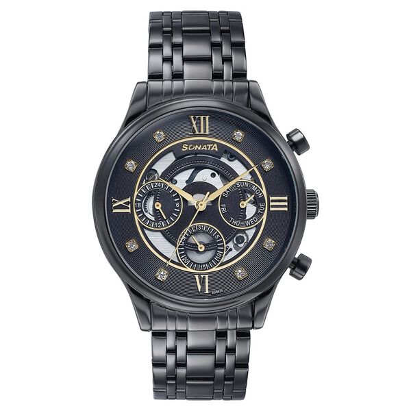 Sonata Quartz Multifunction Black Dial Stainless Steel Strap Watch For Men - image number 0
