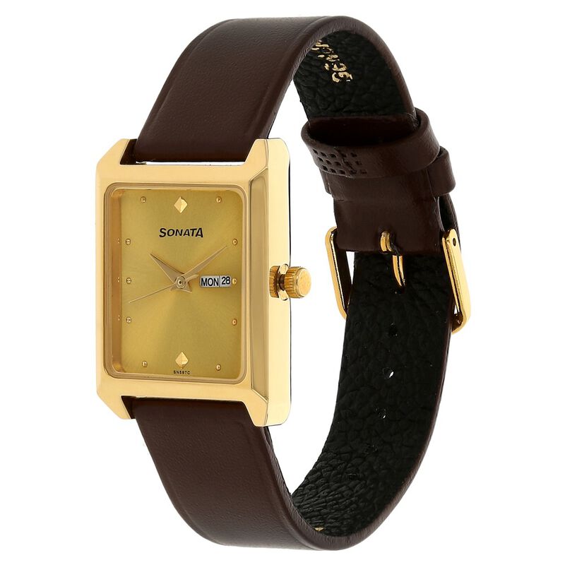 Sonata Quartz Analog with Day and Date Champagne Dial Leather Strap Watch for Men - image number 1