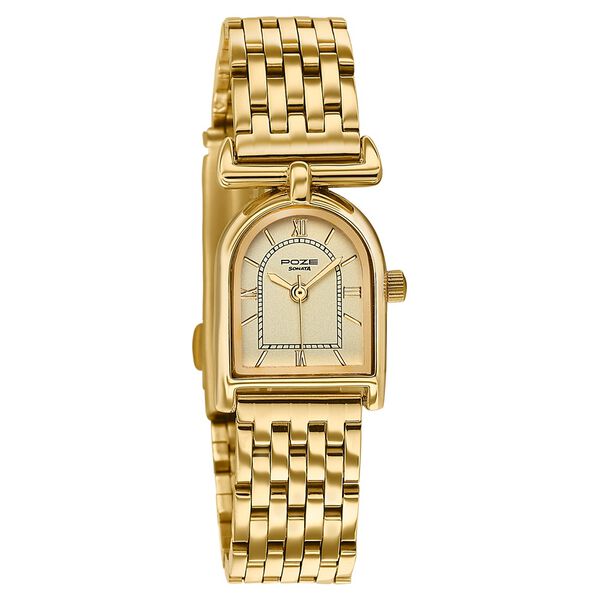 Poze By Sonata Quartz Analog Golden Dial Golden Metal Watch And Jewellery Combo For Women - image number 2