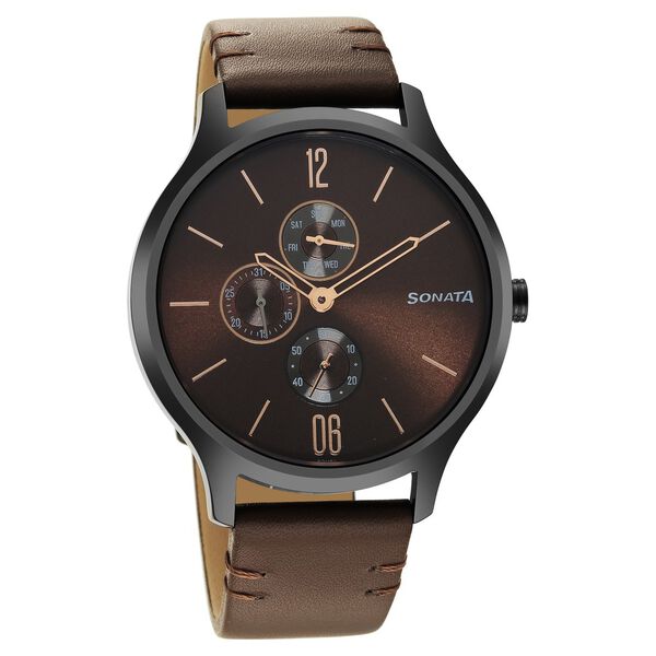 Sonata Quartz Multifunction Brown Dial Leather Strap Watch for Men - image number 0