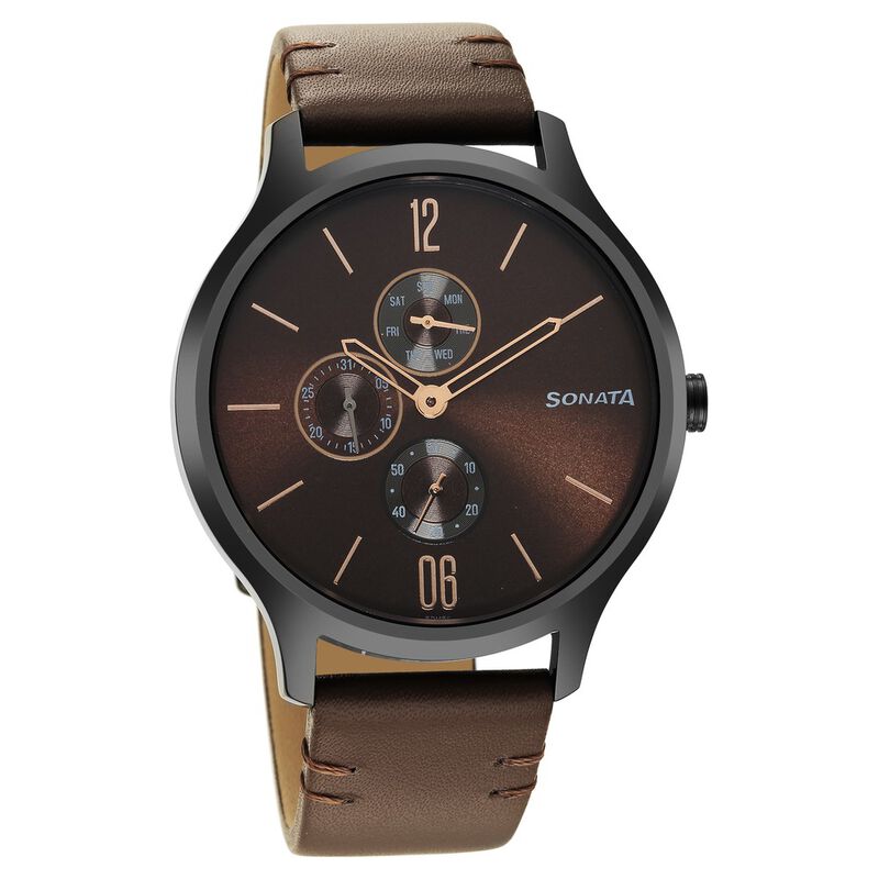 Buy Online Sonata Quartz Multifunction Brown Dial Leather Strap