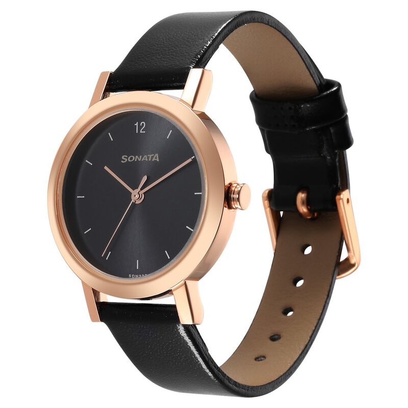 Sonata Ladies Essentials Black Dial Leather Strap Watch for Women