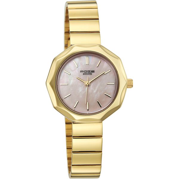 Poze Poze Quartz Analog Pink Dial Golden Stainless Steel Strap Watch For Women - image number 0