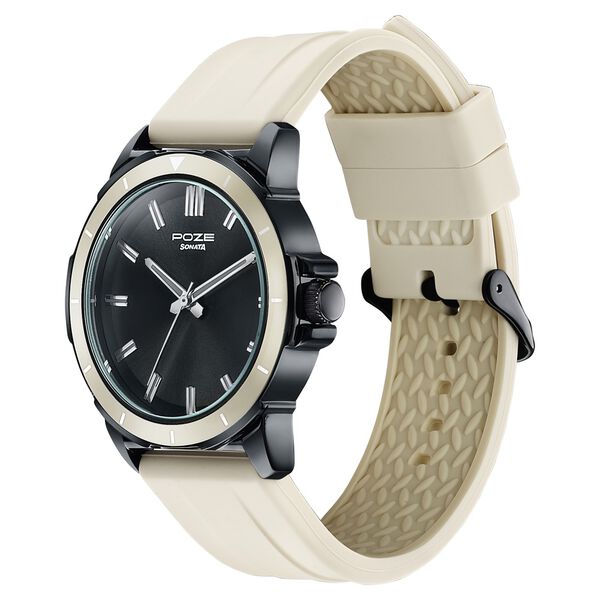 Sonata Poze Quartz Analog Black Dial Beige Silicone Strap Watch For Men - image number 4