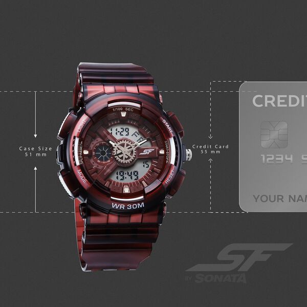 Sonata SF Spectra Quartz Digital Maroon Dial Translucent Maroon Polyether Strap Watch For Men - image number 3