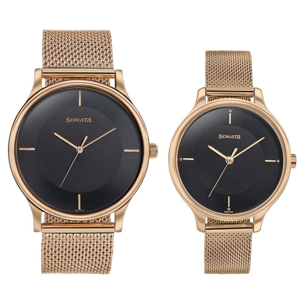 Buy Online Sonata Modern Bandhan Quartz Analog Black Dial Stainless Steel Strap Watch for Couple 7710587050wm03 Sonata
