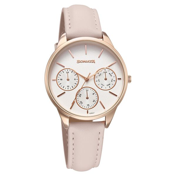 Sonata Eternia Quartz Multifunction Silver Dial Leather Strap Watch For Women - image number 0