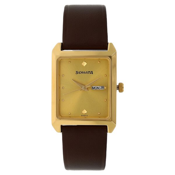Sonata Quartz Analog with Day and Date Champagne Dial Leather Strap Watch for Men - image number 0