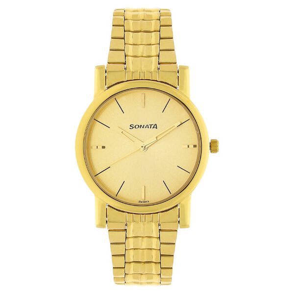 Sonata Quartz Champagne Dial Golden Stainless Steel Strap Watch For Men - image number 0
