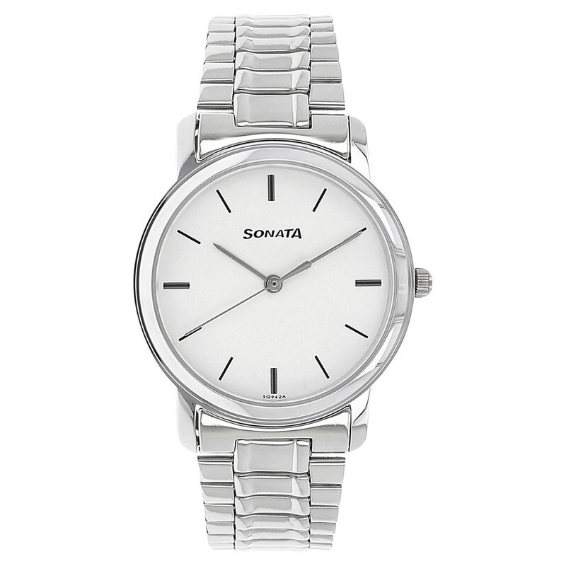 Sonata Quartz Analog White Dial Stainless Steel Strap Watch for Men