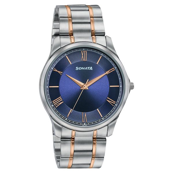 Sonata Traditional Essentials Blue Dial Silver & Rose Gold-Tone Stainless Steel Strap Watch - image number 1