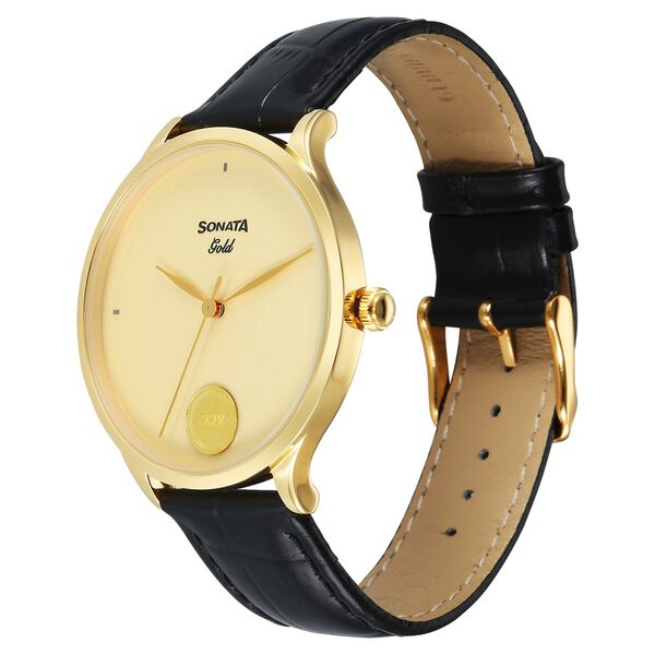 Sonata Gold Quartz Analog Champagne With Gold Coin Dial Black Leather Strap Watch For Men - image number 5