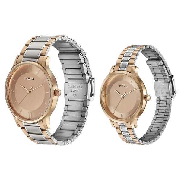 Sonata Modern Bandhan Quartz Analog Pink Dial Stainless Steel Strap Watch for Couple - image number 2