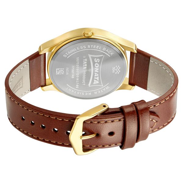 Sonata Quartz Analog with Day and Date Champagne Dial Leather Strap Watch for Men - image number 3