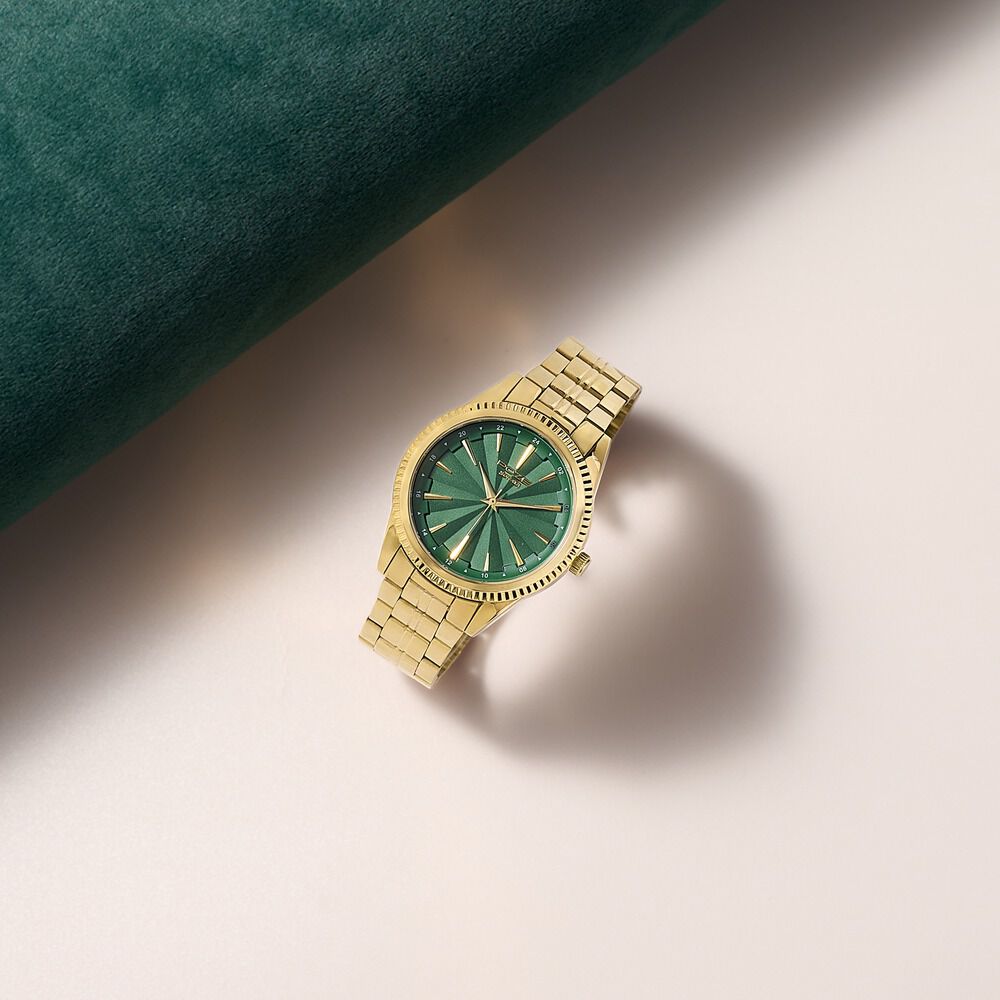 Poze By Sonata Quartz Analog Green Dial Gold Metal Strap Watch For Men