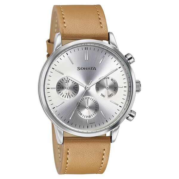 Sonata Quartz Multifunction Silver Dial Brown Leather Strap Watch For Men - image number 2